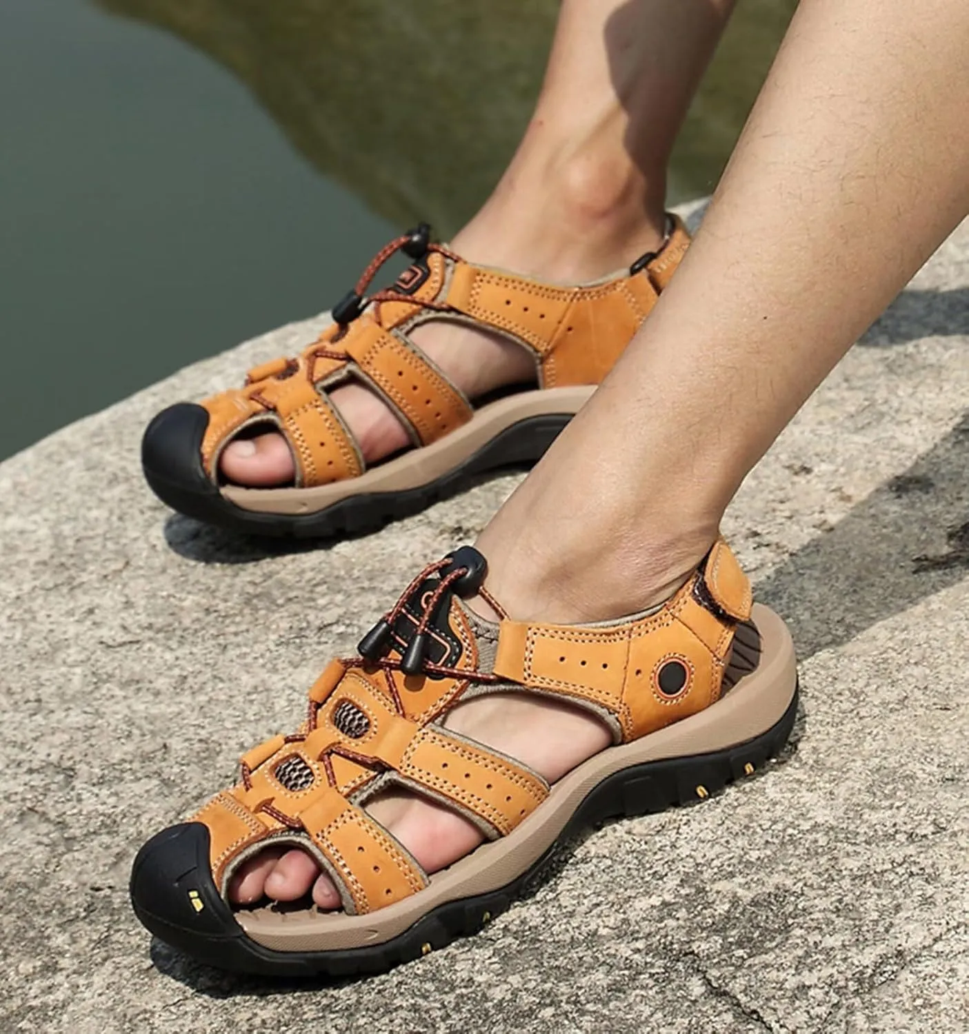 Mens Hiking Sandals Outdoor Sports Summer Leather Beach Fisherman Water Shoes Adjustable Closed Toe Walking Trekking Sandals Casual Breathable Non-Slip Athletic Sandals Waterproof