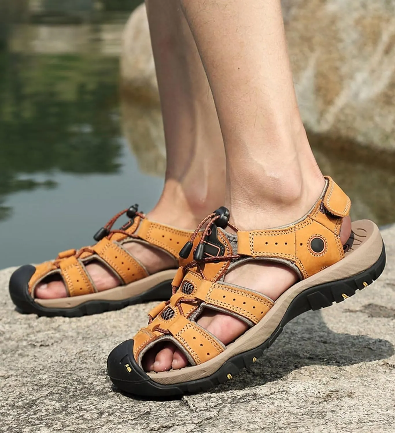 Mens Hiking Sandals Outdoor Sports Summer Leather Beach Fisherman Water Shoes Adjustable Closed Toe Walking Trekking Sandals Casual Breathable Non-Slip Athletic Sandals Waterproof