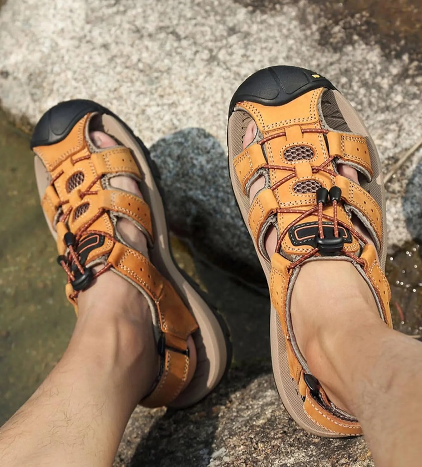 Mens Hiking Sandals Outdoor Sports Summer Leather Beach Fisherman Water Shoes Adjustable Closed Toe Walking Trekking Sandals Casual Breathable Non-Slip Athletic Sandals Waterproof