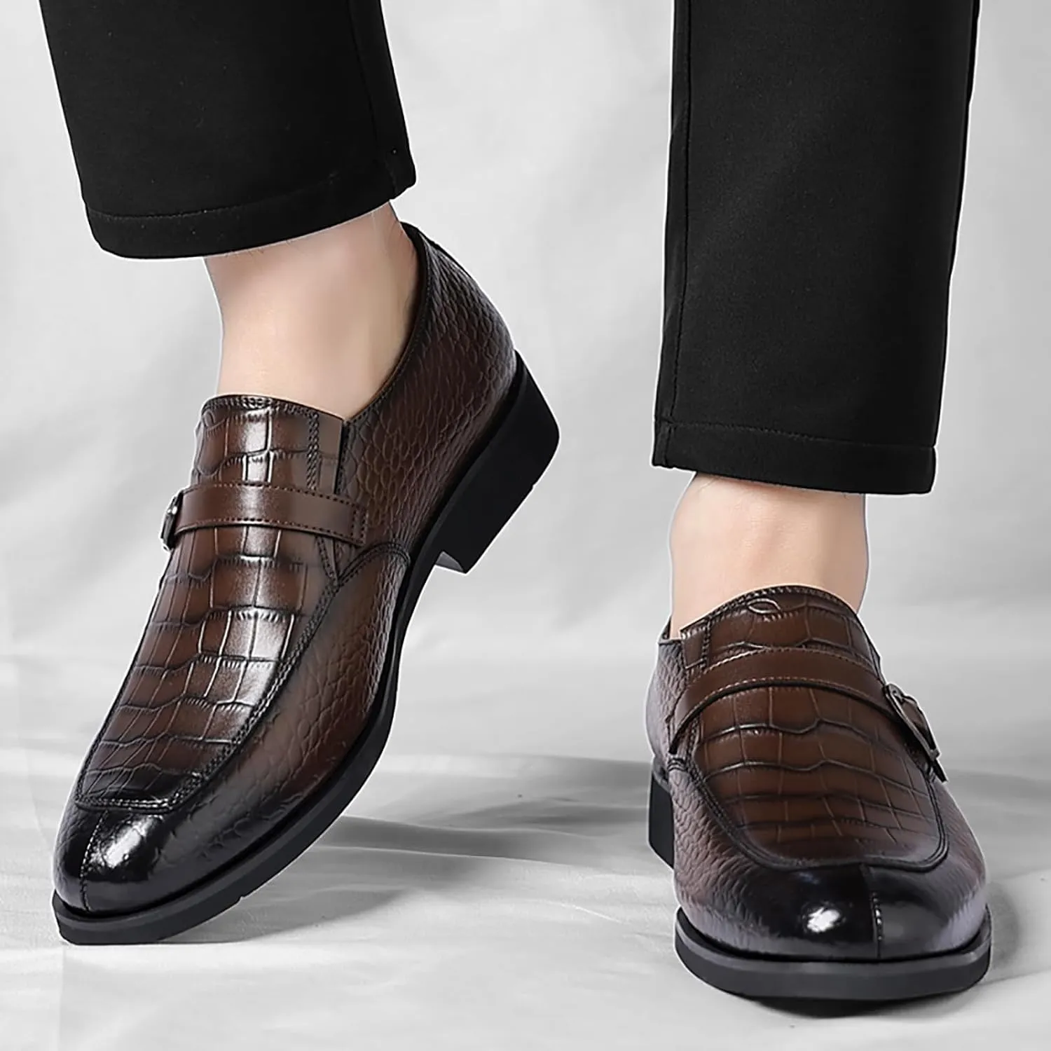 Men's Leather Crocodile Printed Loafers with Buckle Comfortable Slip-On Dress Shoes for Formal Business Work Office