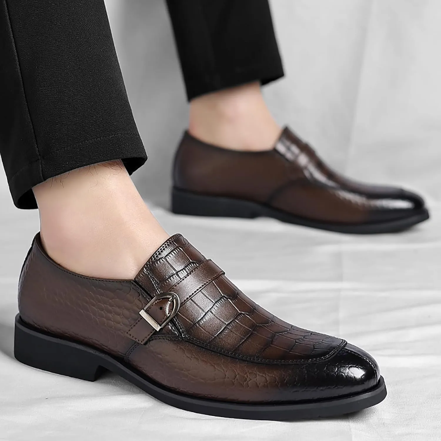 Men's Leather Crocodile Printed Loafers with Buckle Comfortable Slip-On Dress Shoes for Formal Business Work Office