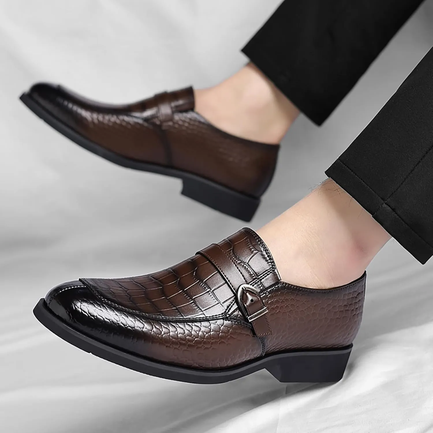 Men's Leather Crocodile Printed Loafers with Buckle Comfortable Slip-On Dress Shoes for Formal Business Work Office
