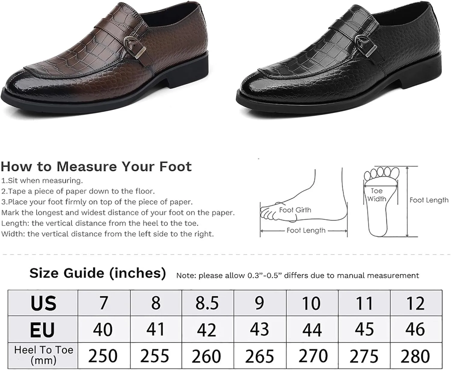 Men's Leather Crocodile Printed Loafers with Buckle Comfortable Slip-On Dress Shoes for Formal Business Work Office