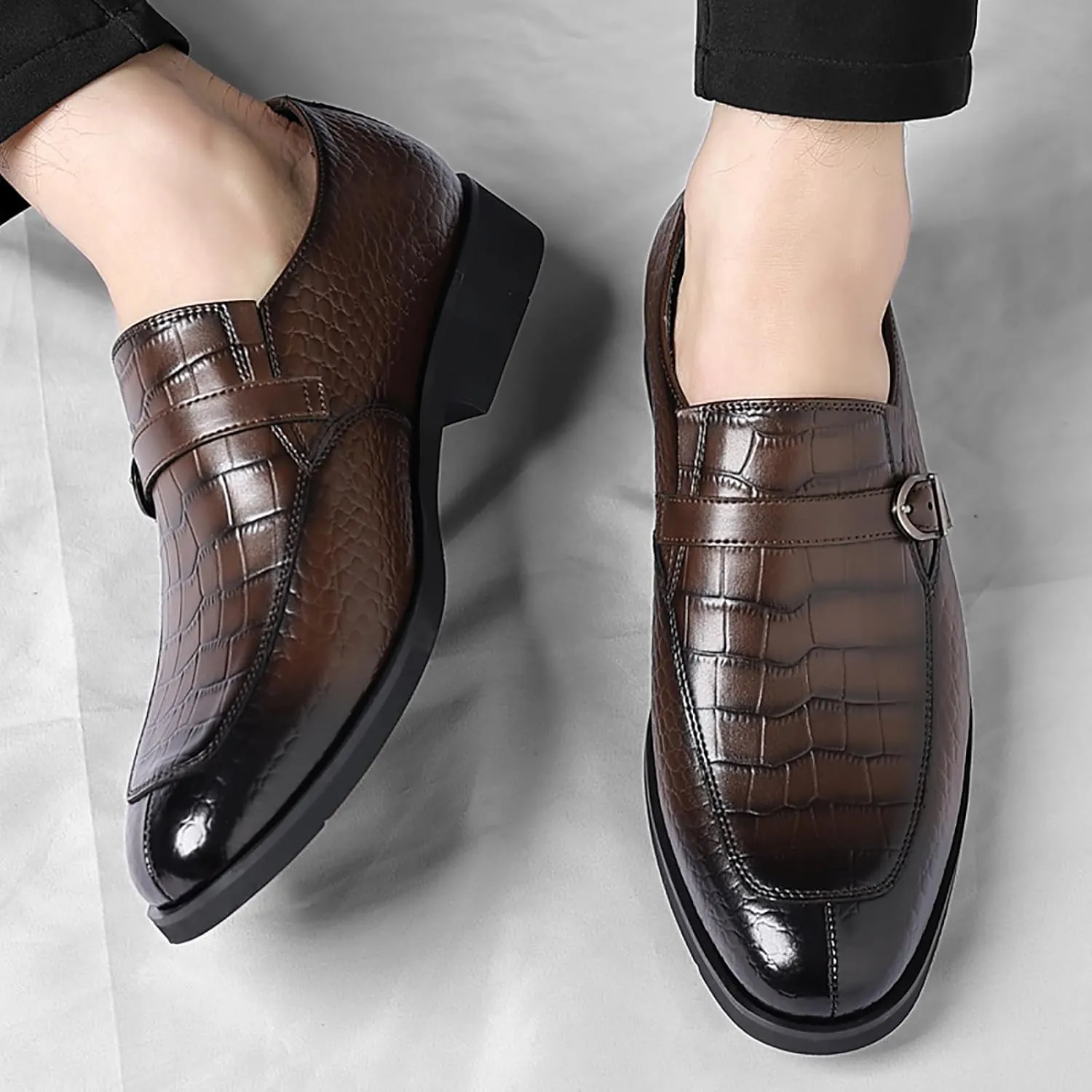 Men's Leather Crocodile Printed Loafers with Buckle Comfortable Slip-On Dress Shoes for Formal Business Work Office