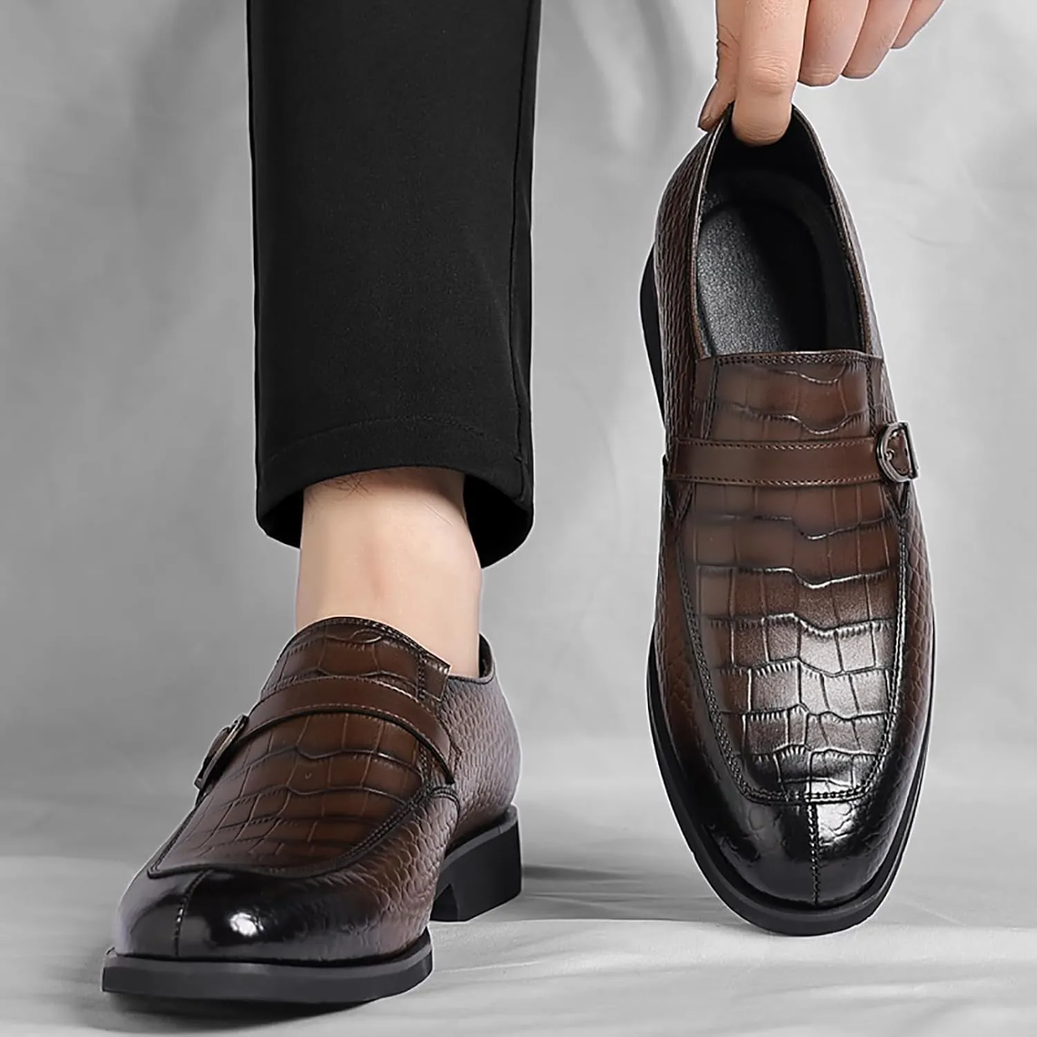 Men's Leather Crocodile Printed Loafers with Buckle Comfortable Slip-On Dress Shoes for Formal Business Work Office