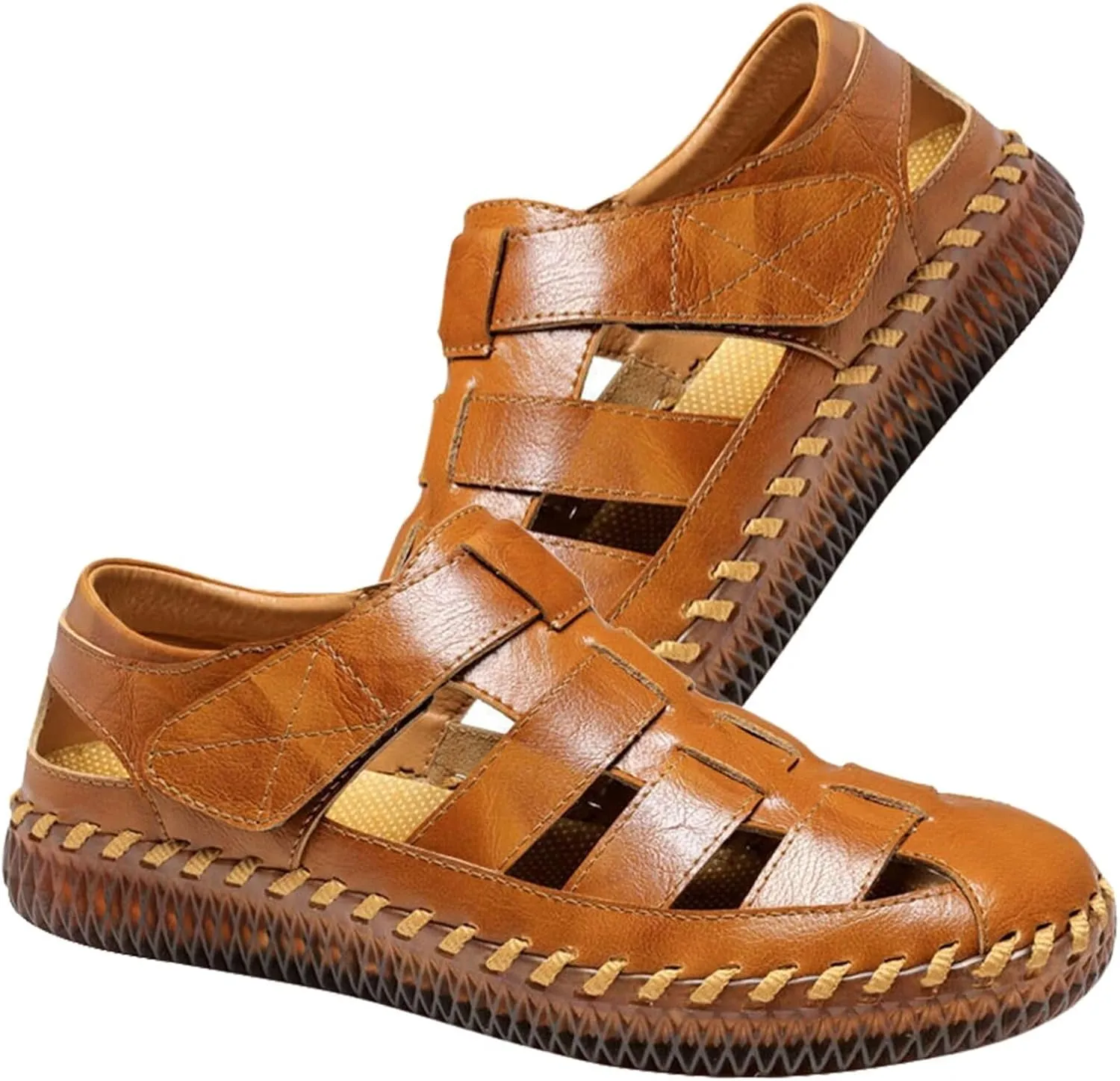 Mens Leather Hiking Sandals Closed Toe Walking Sandals Waterproof Sports Outdoor Trekking Sandals Summer Beach Shoes