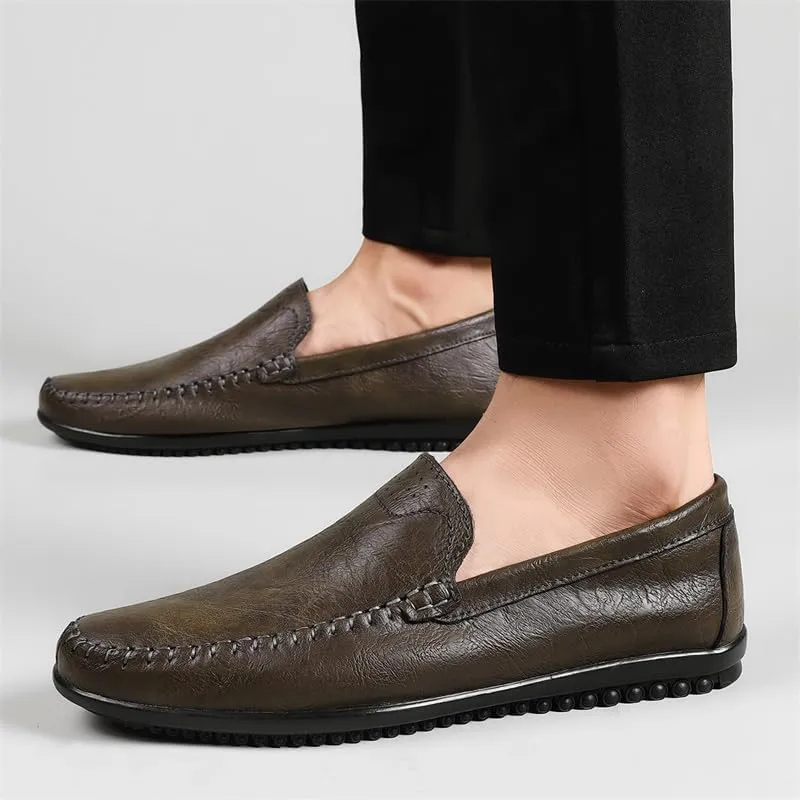 Mens Leather Slip-On Loafers Casual Shoes Driving Moccasins Handmade Khaki & Black Breathable Soft Spring Summer Autumn