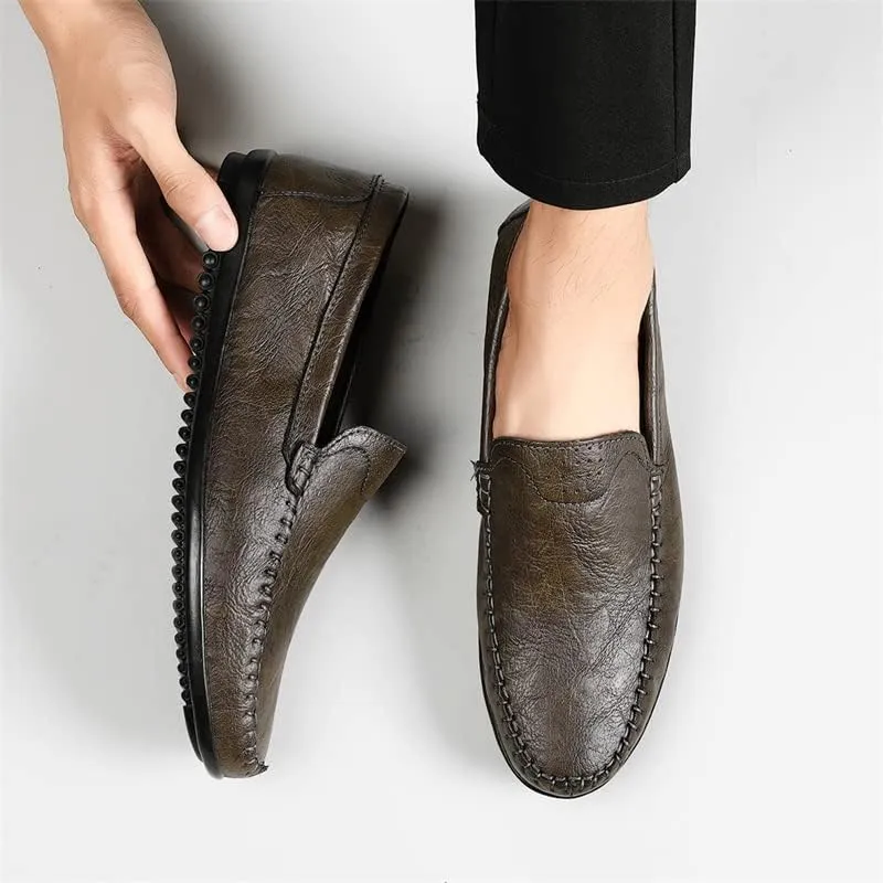 Mens Leather Slip-On Loafers Casual Shoes Driving Moccasins Handmade Khaki & Black Breathable Soft Spring Summer Autumn