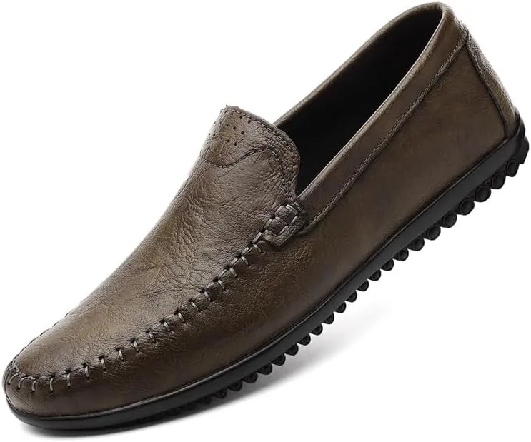 Mens Leather Slip-On Loafers Casual Shoes Driving Moccasins Handmade Khaki & Black Breathable Soft Spring Summer Autumn