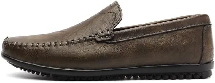 Mens Leather Slip-On Loafers Casual Shoes Driving Moccasins Handmade Khaki & Black Breathable Soft Spring Summer Autumn