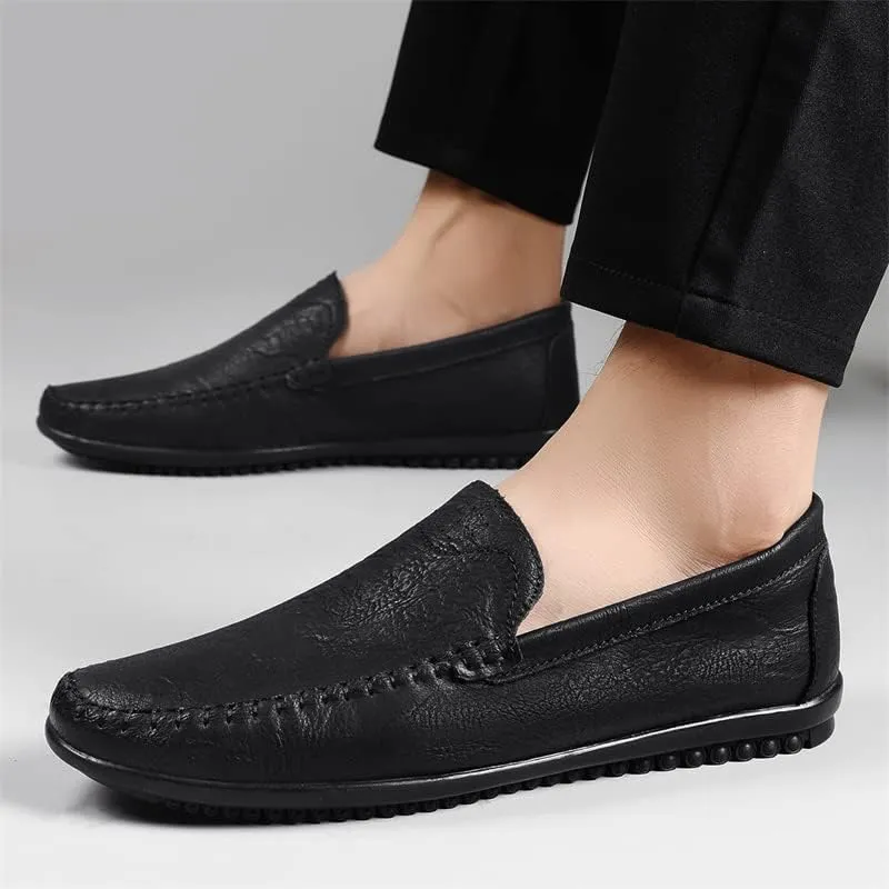 Mens Leather Slip-On Loafers Casual Shoes Driving Moccasins Handmade Khaki & Black Breathable Soft Spring Summer Autumn