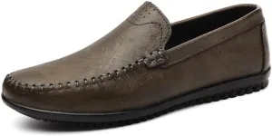 Mens Leather Slip-On Loafers Casual Shoes Driving Moccasins Handmade Khaki & Black Breathable Soft Spring Summer Autumn