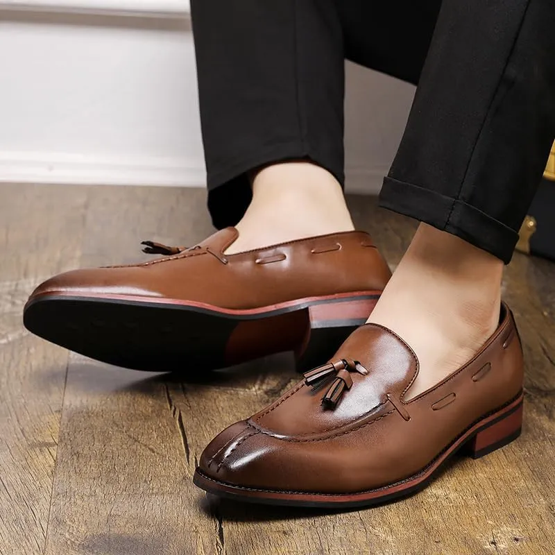 Men's Retro Business Formal Leather Tassels Penny Loafers Slip on Flat Lightweight Driving Boat Shoes