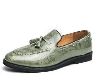 Mens Retro Printed Patent Leather Slip On Tassel Dress Loafers Low Top Round Toe Non-Slip Casual Penny Shoes for Formal Business Wedding Office