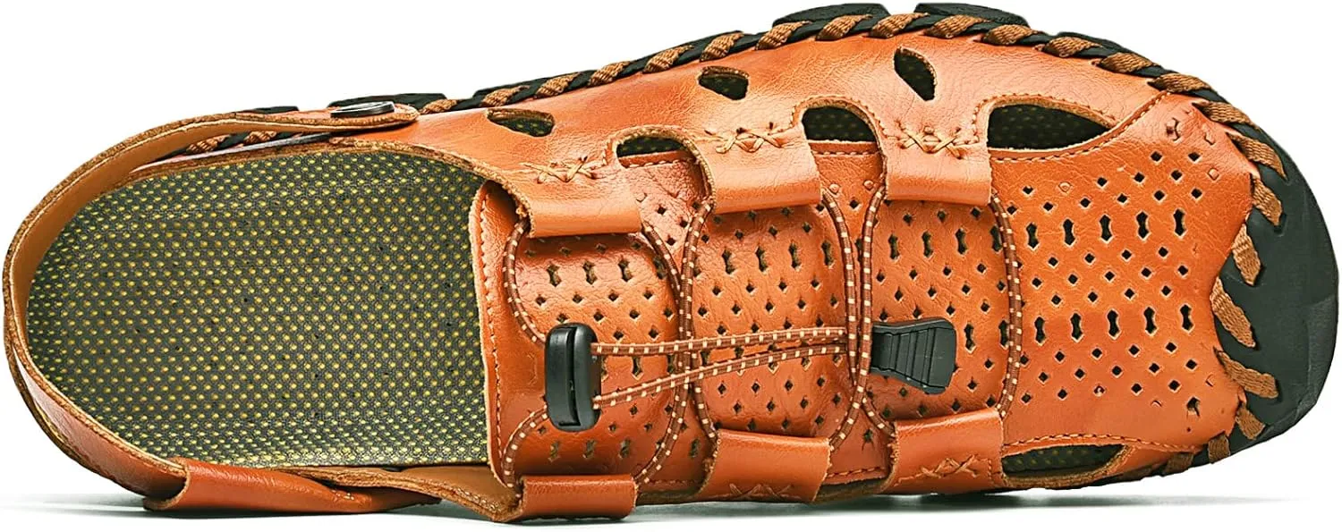 Mens Sandals Leather Closed Toe Outdoor Summer Anti-Slip Beach Sandals
