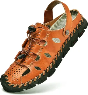 Mens Sandals Leather Closed Toe Outdoor Summer Anti-Slip Beach Sandals