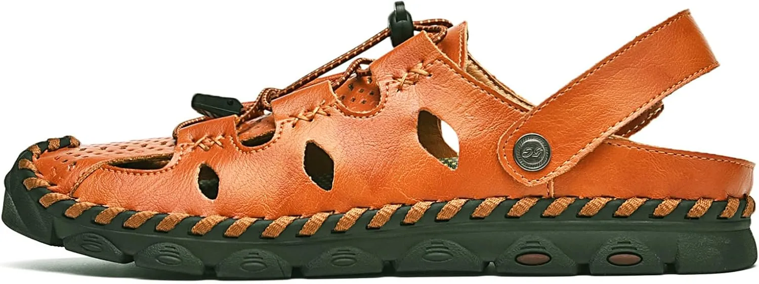 Mens Sandals Leather Closed Toe Outdoor Summer Anti-Slip Beach Sandals