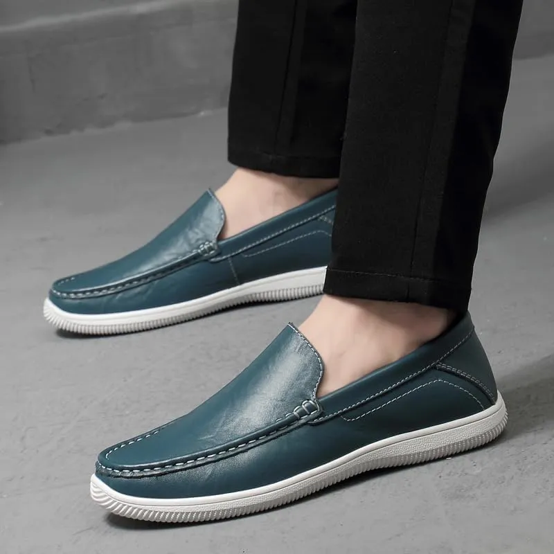 Mens Slip-On Loafers, Casual Leather Shoes, Loafer Flats,Concise Style, Blue, Black