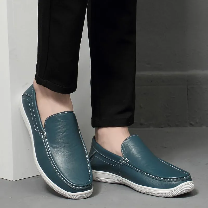 Mens Slip-On Loafers, Casual Leather Shoes, Loafer Flats,Concise Style, Blue, Black
