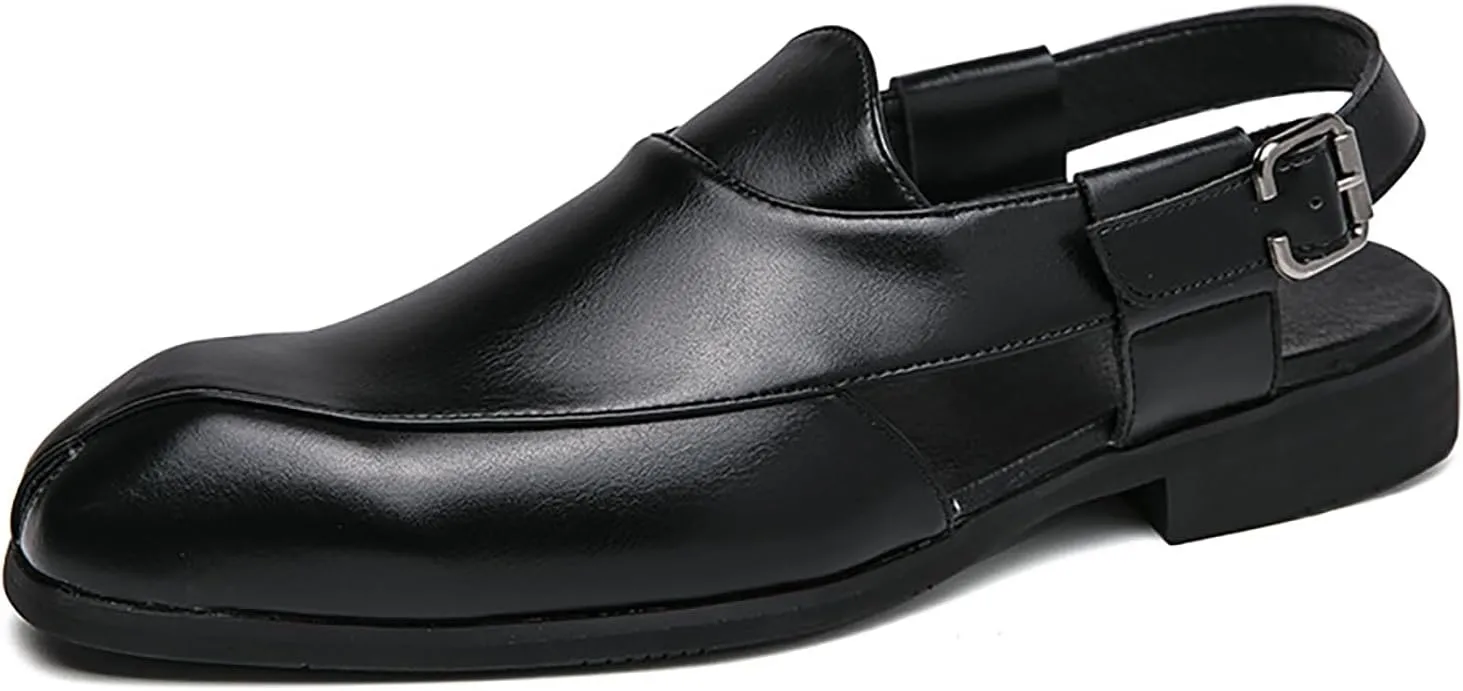 Men's Splice Leather Closed Toe Sandals with Adjust Buckle Strap Anti-Slip Breathable Pointed Toe Block Heel Slides Sandals for Business Walking Driving Office Dress Shoes