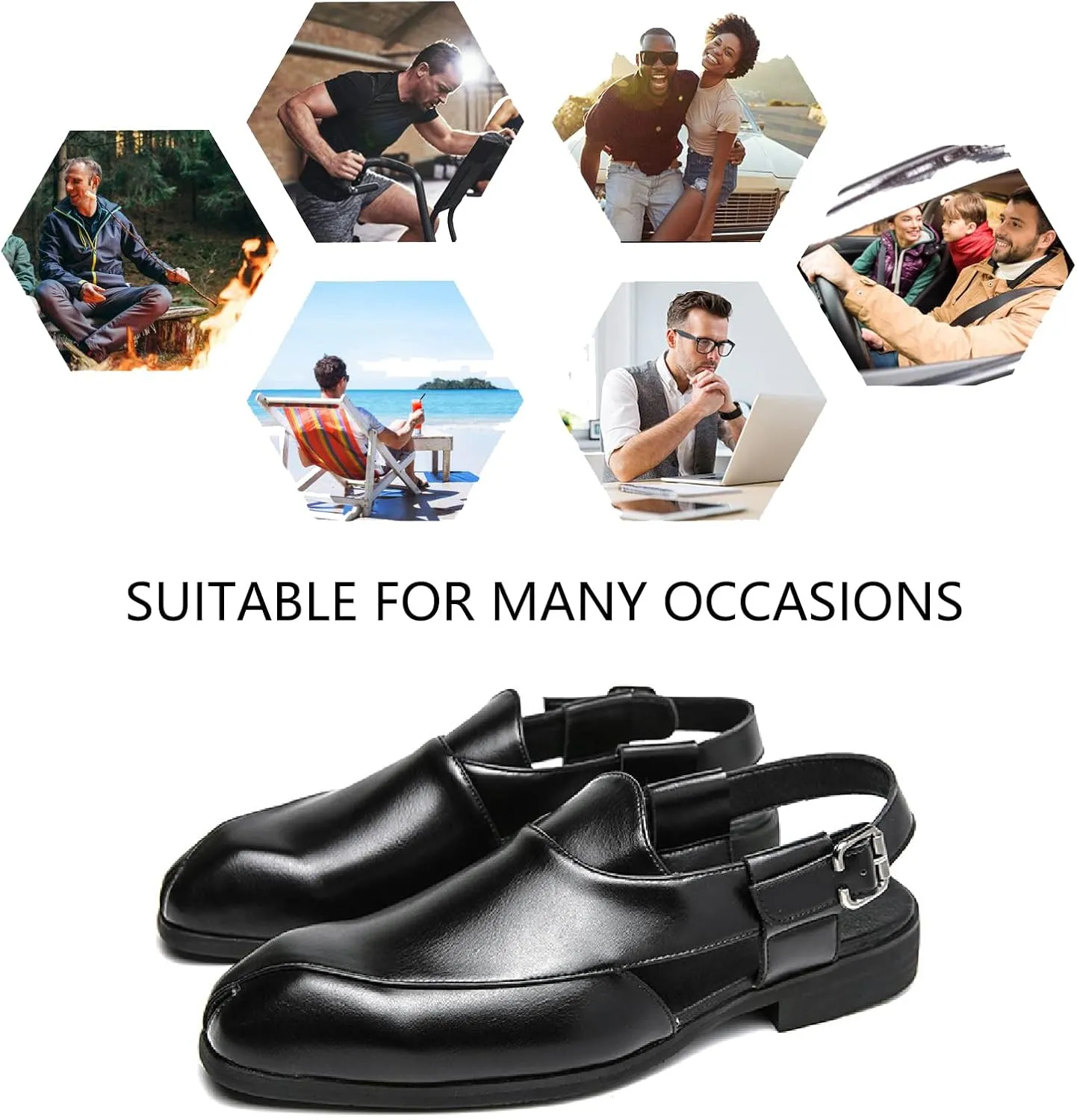 Men's Splice Leather Closed Toe Sandals with Adjust Buckle Strap Anti-Slip Breathable Pointed Toe Block Heel Slides Sandals for Business Walking Driving Office Dress Shoes