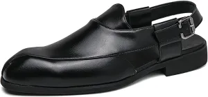 Men's Splice Leather Closed Toe Sandals with Adjust Buckle Strap Anti-Slip Breathable Pointed Toe Block Heel Slides Sandals for Business Walking Driving Office Dress Shoes
