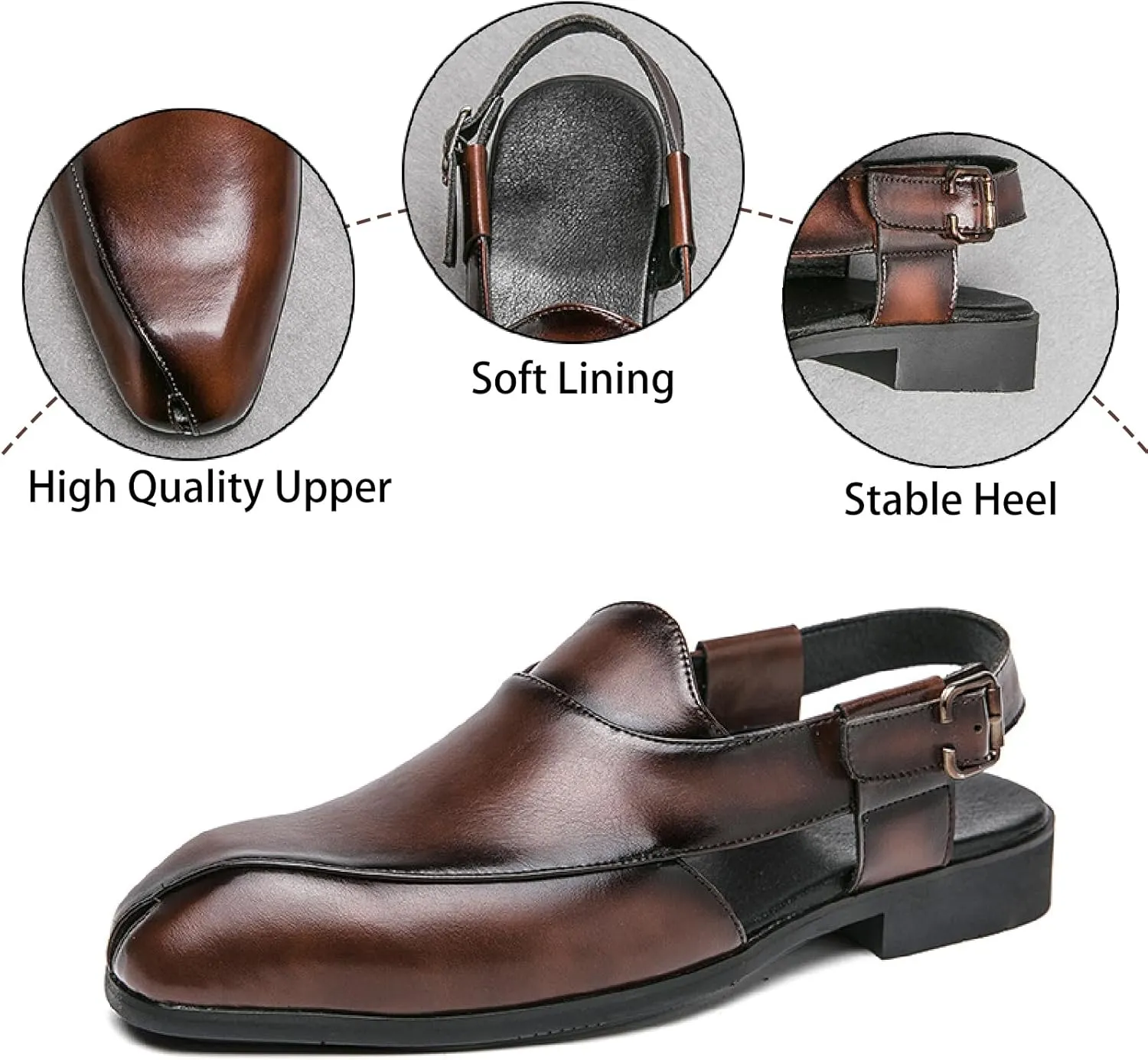Men's Splice Leather Closed Toe Sandals with Adjust Buckle Strap Anti-Slip Breathable Pointed Toe Block Heel Slides Sandals for Business Walking Driving Office Dress Shoes