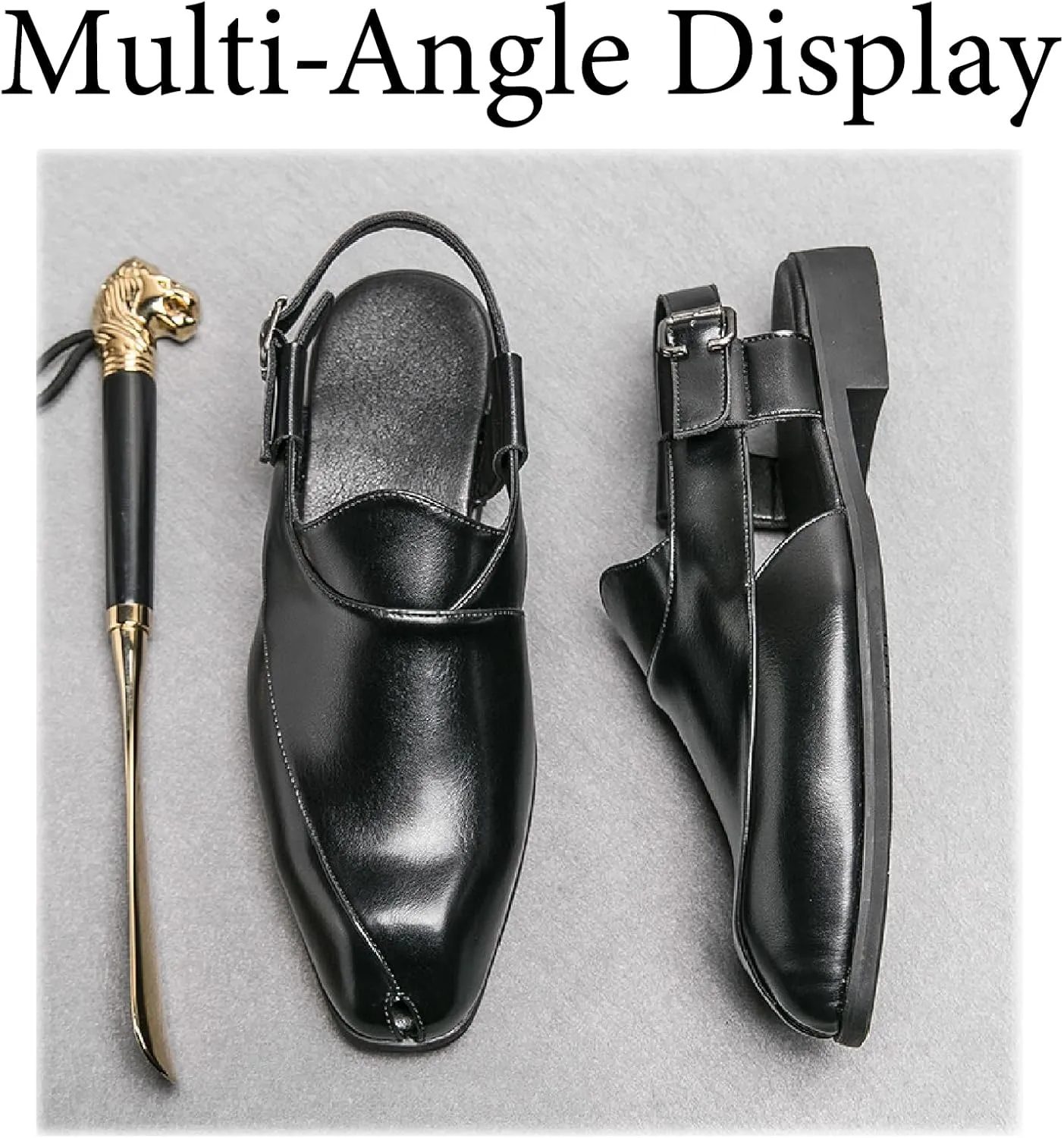 Men's Splice Leather Closed Toe Sandals with Adjust Buckle Strap Anti-Slip Breathable Pointed Toe Block Heel Slides Sandals for Business Walking Driving Office Dress Shoes