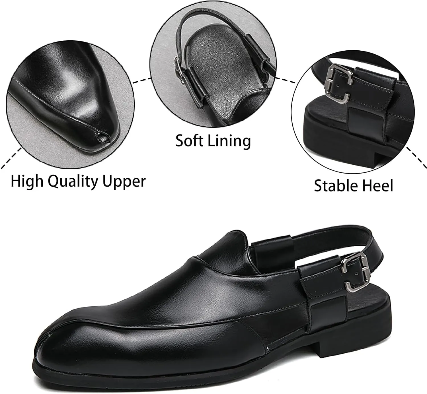 Men's Splice Leather Closed Toe Sandals with Adjust Buckle Strap Anti-Slip Breathable Pointed Toe Block Heel Slides Sandals for Business Walking Driving Office Dress Shoes