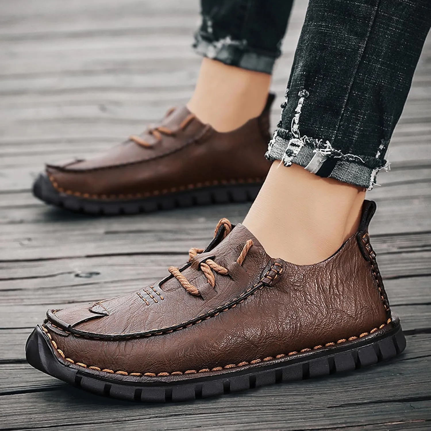 Men's Stylish Hand Stitched Leather Loafers Slip On Comfortable Soft Sole Moccasin Boat Shoes Stylish Casual Driving Dress Flats for Business