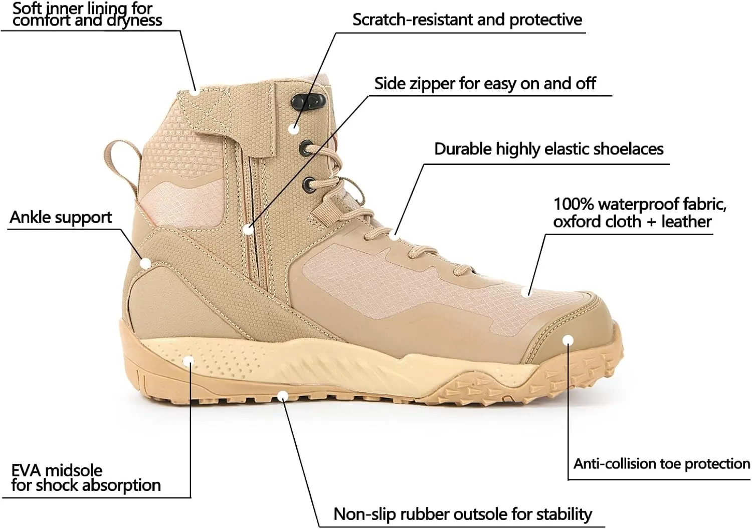 Men's Waterproof Lightweight Military and Tactical Boots Hiking Boots Work Boots Side Zipper Combat Boots