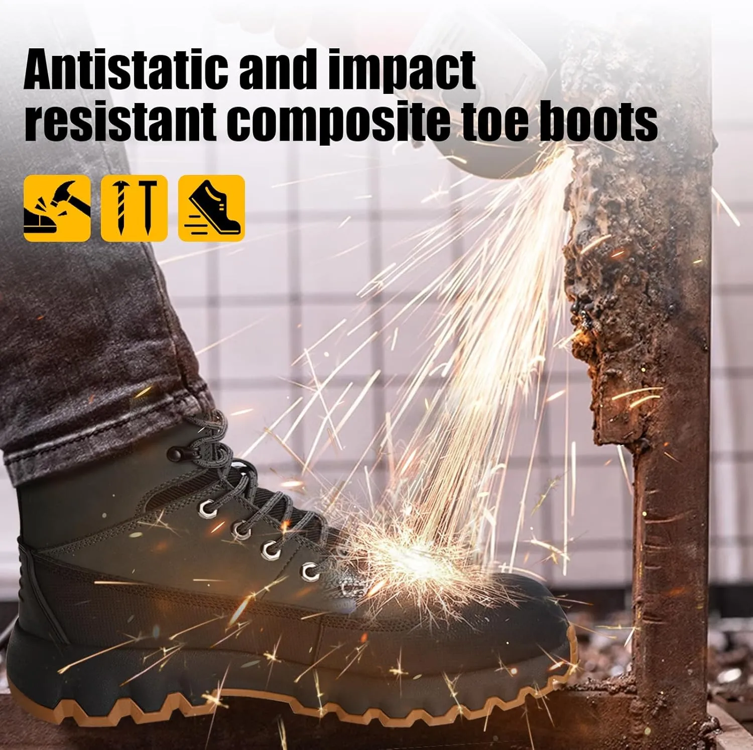 Mens work boots Composite Toe Boots for Men Genuine Leather Rubber Sole No Slip Waterproof Shoes Industrial & Construction Safety boots