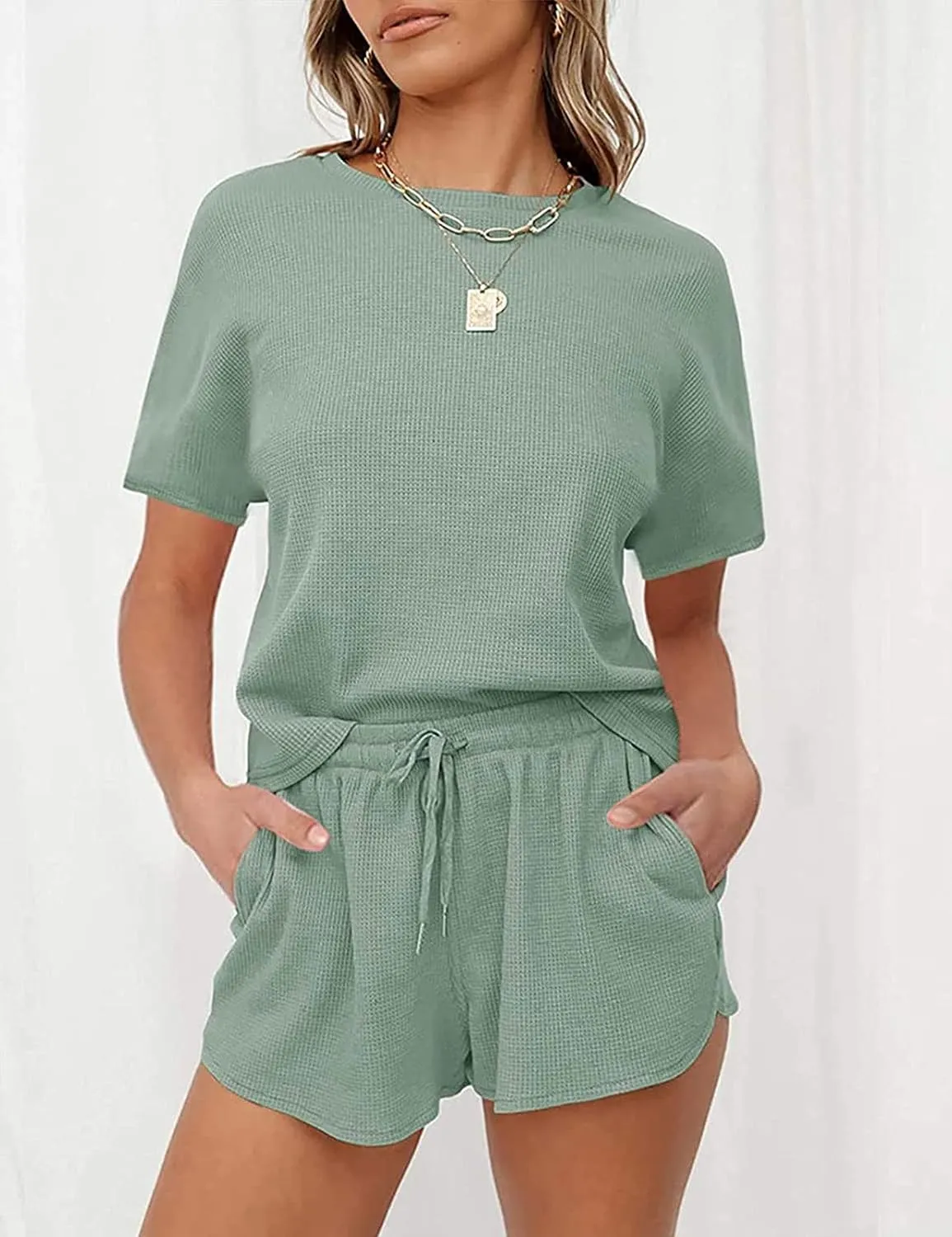 MEROKEETY Women's Short Sleeve Waffle Pajama Sets Lounge Top and Shorts 2 Piece Tracksuit Outfits