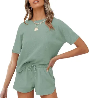 MEROKEETY Women's Short Sleeve Waffle Pajama Sets Lounge Top and Shorts 2 Piece Tracksuit Outfits