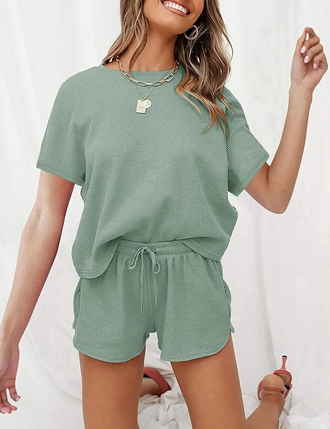 MEROKEETY Women's Short Sleeve Waffle Pajama Sets Lounge Top and Shorts 2 Piece Tracksuit Outfits