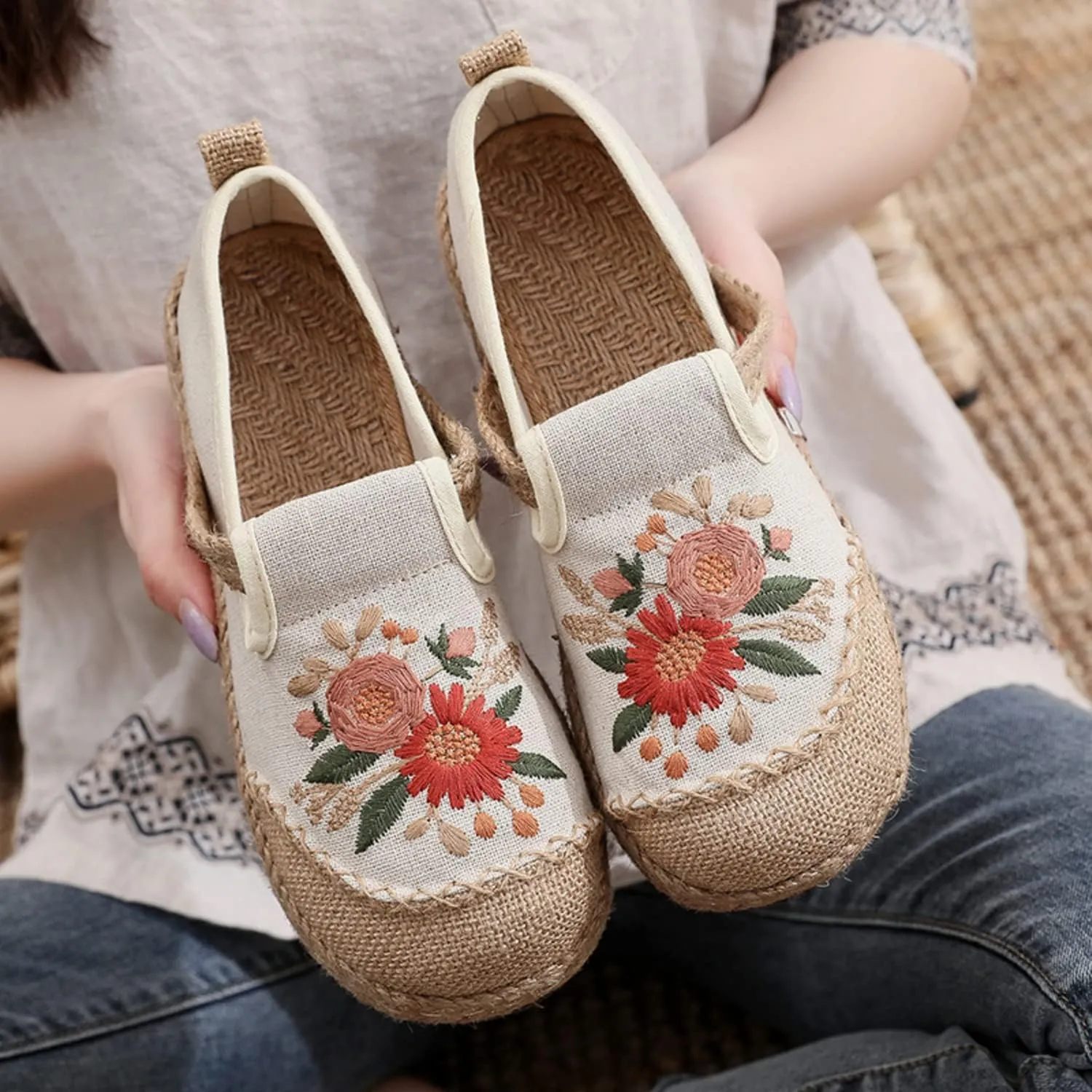 Micoklinlin Espadrilles Loafers for Women Slip on Embroidered Shoes Ethnic Style Casual Sneakers Round Toe Cotton Linen Shoes