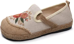 Micoklinlin Espadrilles Loafers for Women Slip on Embroidered Shoes Ethnic Style Casual Sneakers Round Toe Cotton Linen Shoes