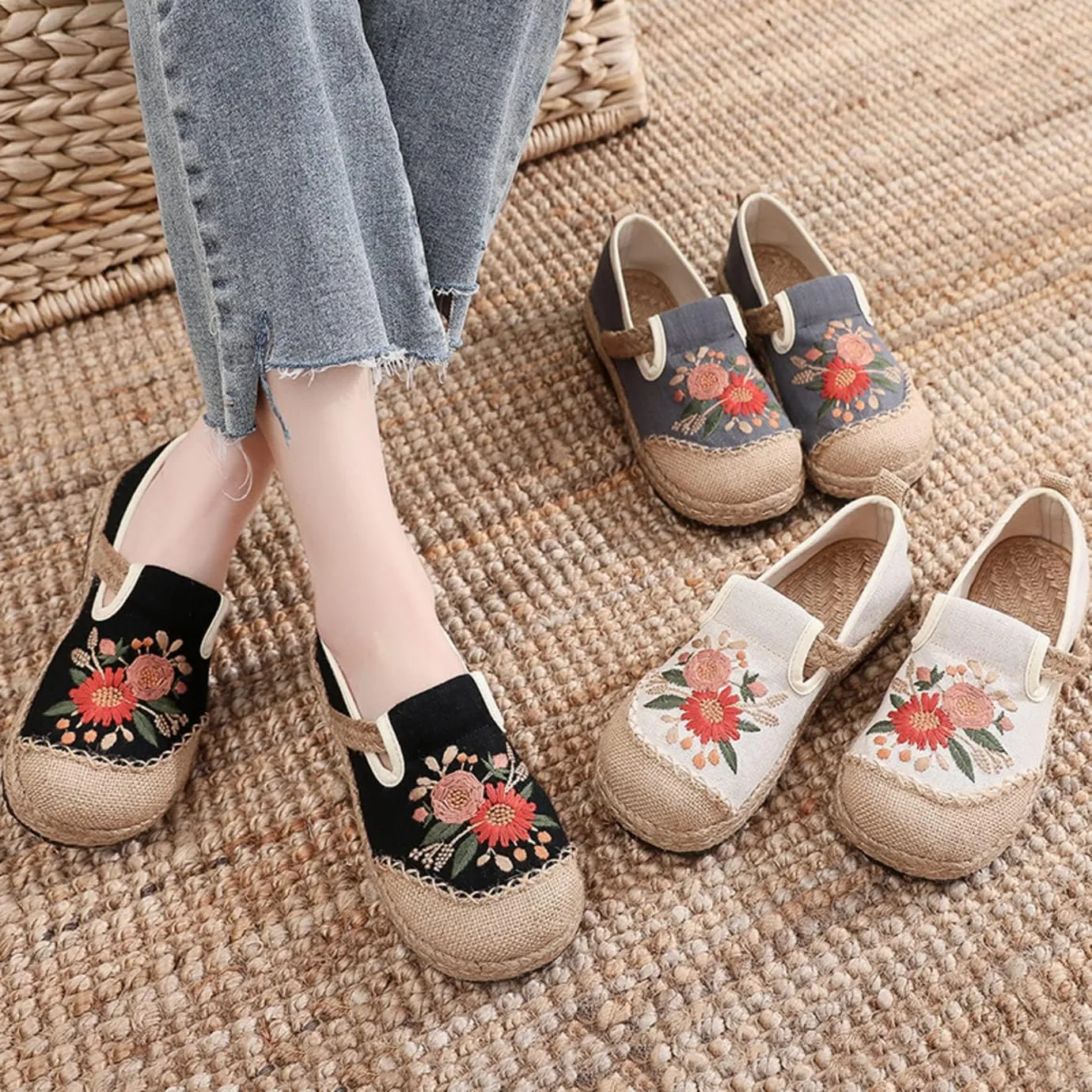 Micoklinlin Espadrilles Loafers for Women Slip on Embroidered Shoes Ethnic Style Casual Sneakers Round Toe Cotton Linen Shoes