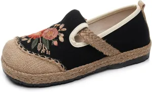 Micoklinlin Espadrilles Loafers for Women Slip on Embroidered Shoes Ethnic Style Casual Sneakers Round Toe Cotton Linen Shoes