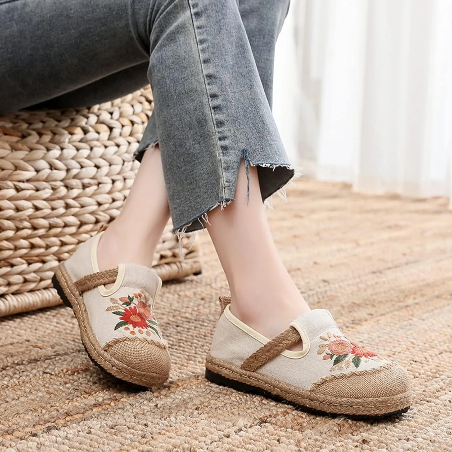 Micoklinlin Espadrilles Loafers for Women Slip on Embroidered Shoes Ethnic Style Casual Sneakers Round Toe Cotton Linen Shoes