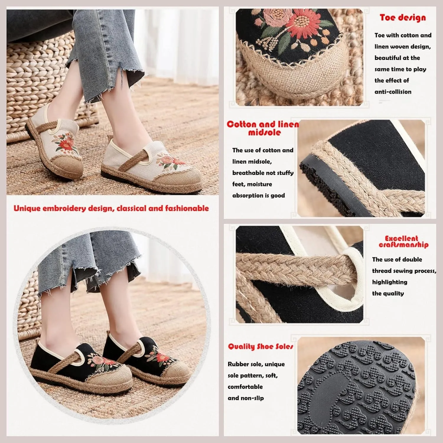 Micoklinlin Espadrilles Loafers for Women Slip on Embroidered Shoes Ethnic Style Casual Sneakers Round Toe Cotton Linen Shoes