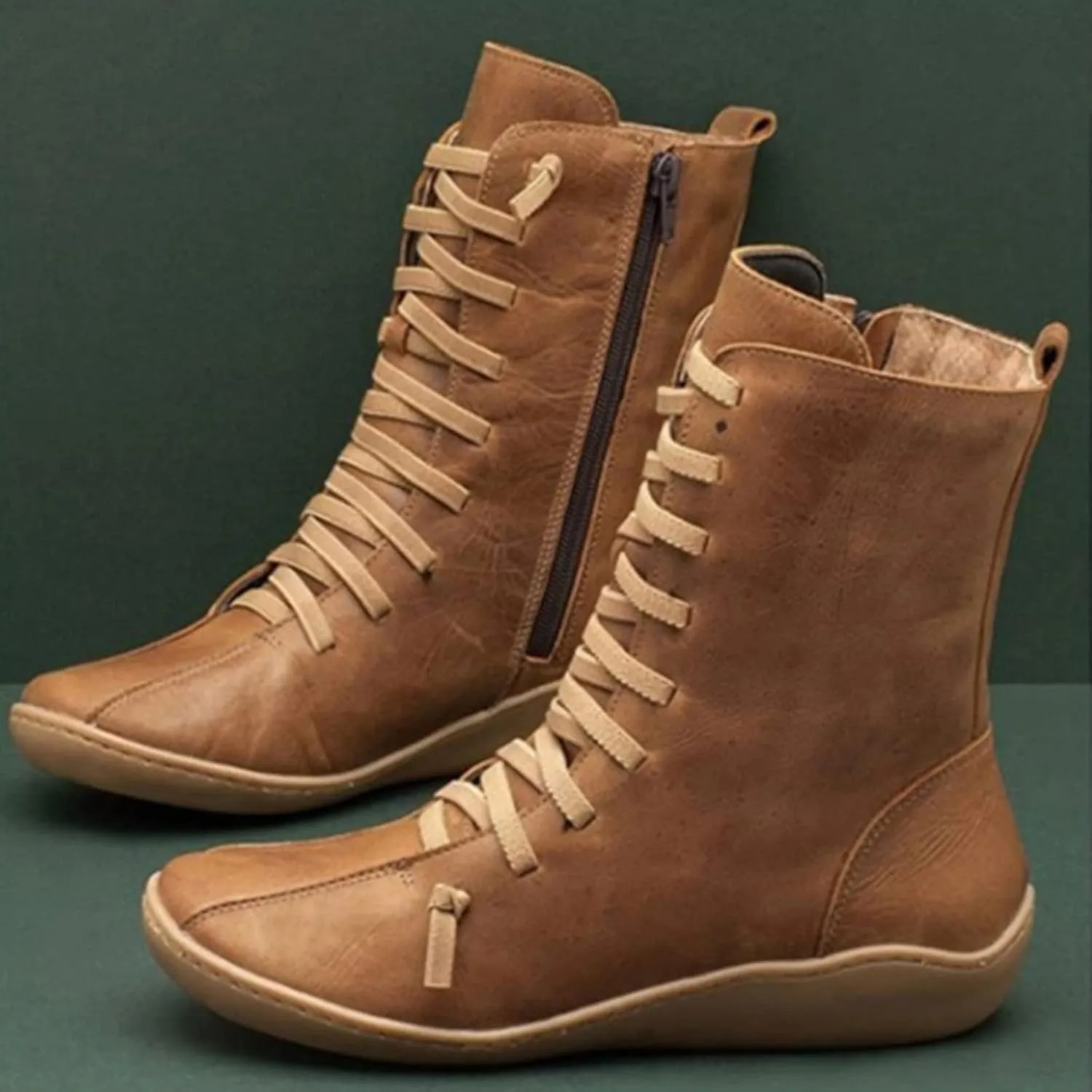 Mid Calf Boots Women Flat Boots for Women Retro Round Toe Lace up Comfortable Lightweight Walking Shoes Women Boots