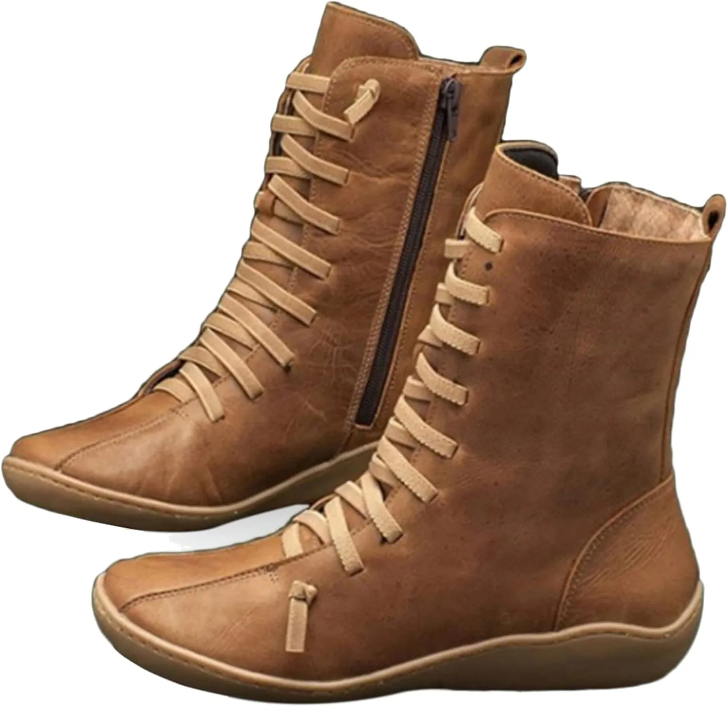 Mid Calf Boots Women Flat Boots for Women Retro Round Toe Lace up Comfortable Lightweight Walking Shoes Women Boots
