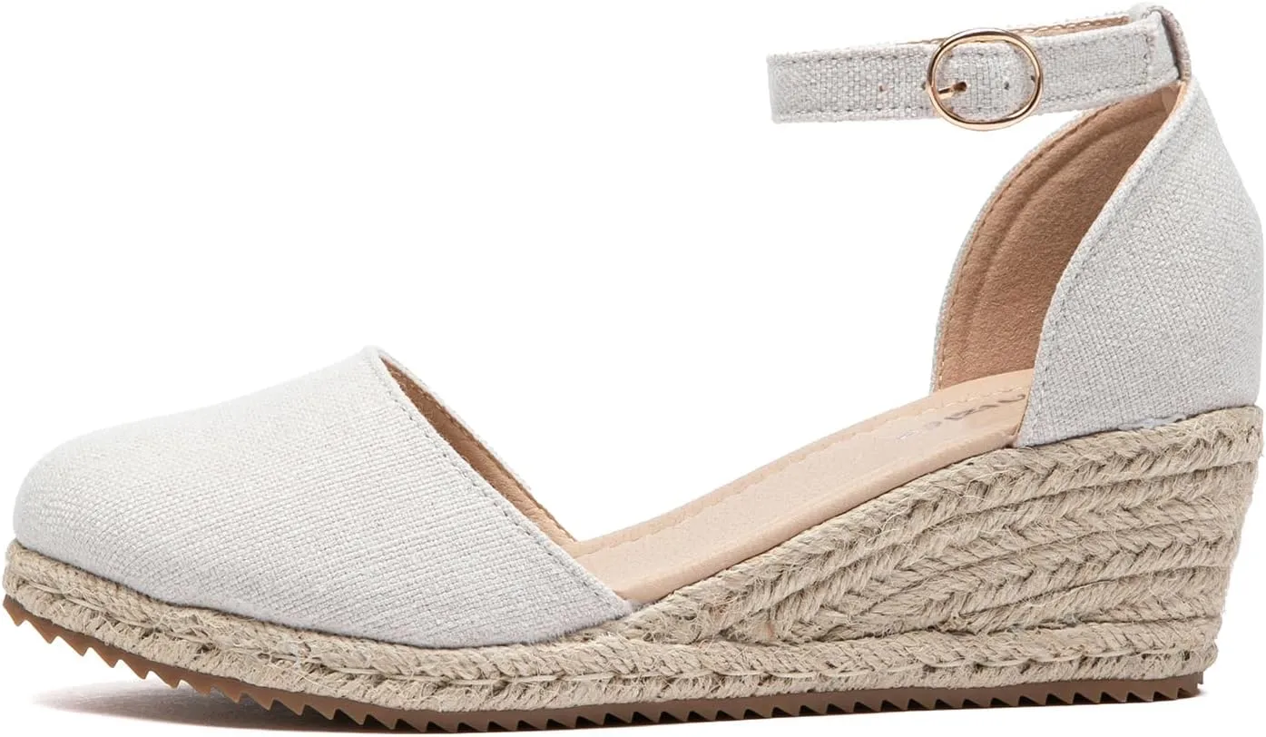 Mintzice Women's Closed Toe Solid Cross Vamp Ankle Strap Espadrille Wedge Sandals