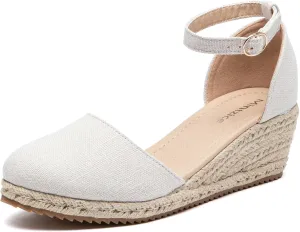 Mintzice Women's Closed Toe Solid Cross Vamp Ankle Strap Espadrille Wedge Sandals