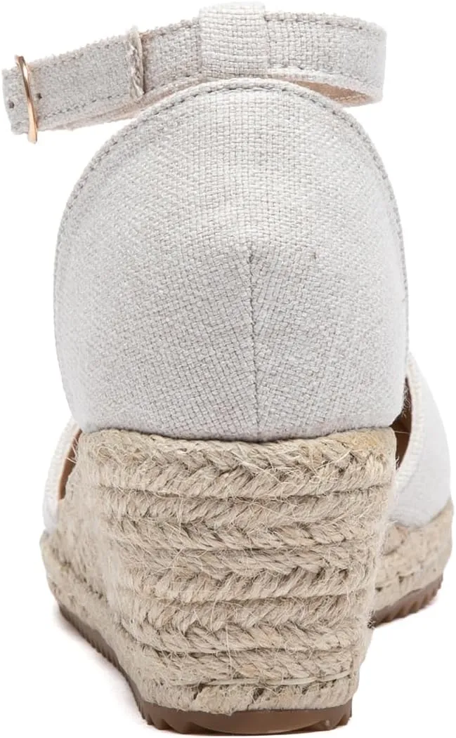 Mintzice Women's Closed Toe Solid Cross Vamp Ankle Strap Espadrille Wedge Sandals