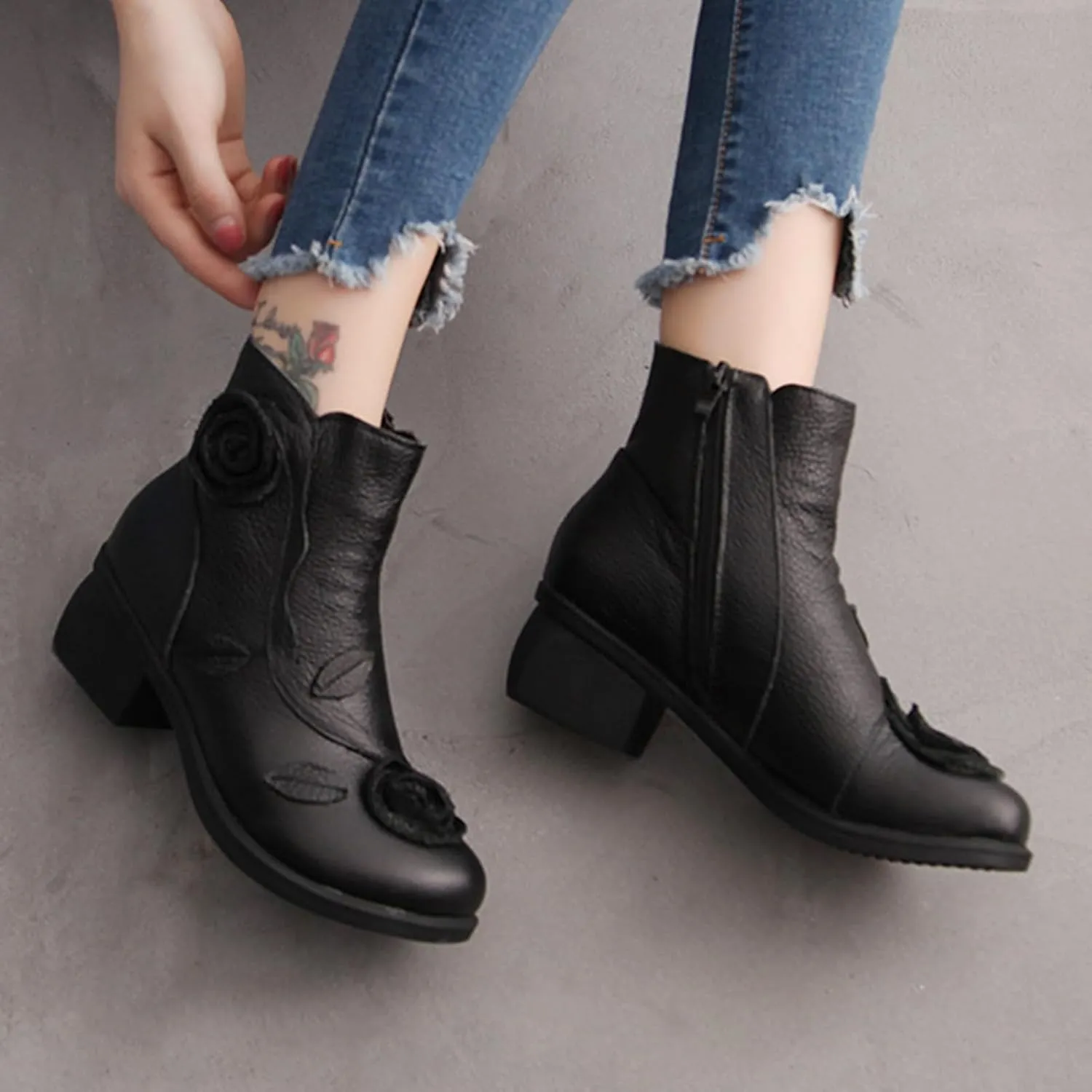 MOYOWEI Women's Handmade Sunflower Dress Leather Booties,Comfy Fall/Winter Non-slip Block Heels Zip Casual Short Ankle Boots