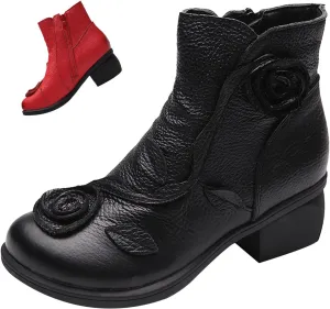 MOYOWEI Women's Handmade Sunflower Dress Leather Booties,Comfy Fall/Winter Non-slip Block Heels Zip Casual Short Ankle Boots