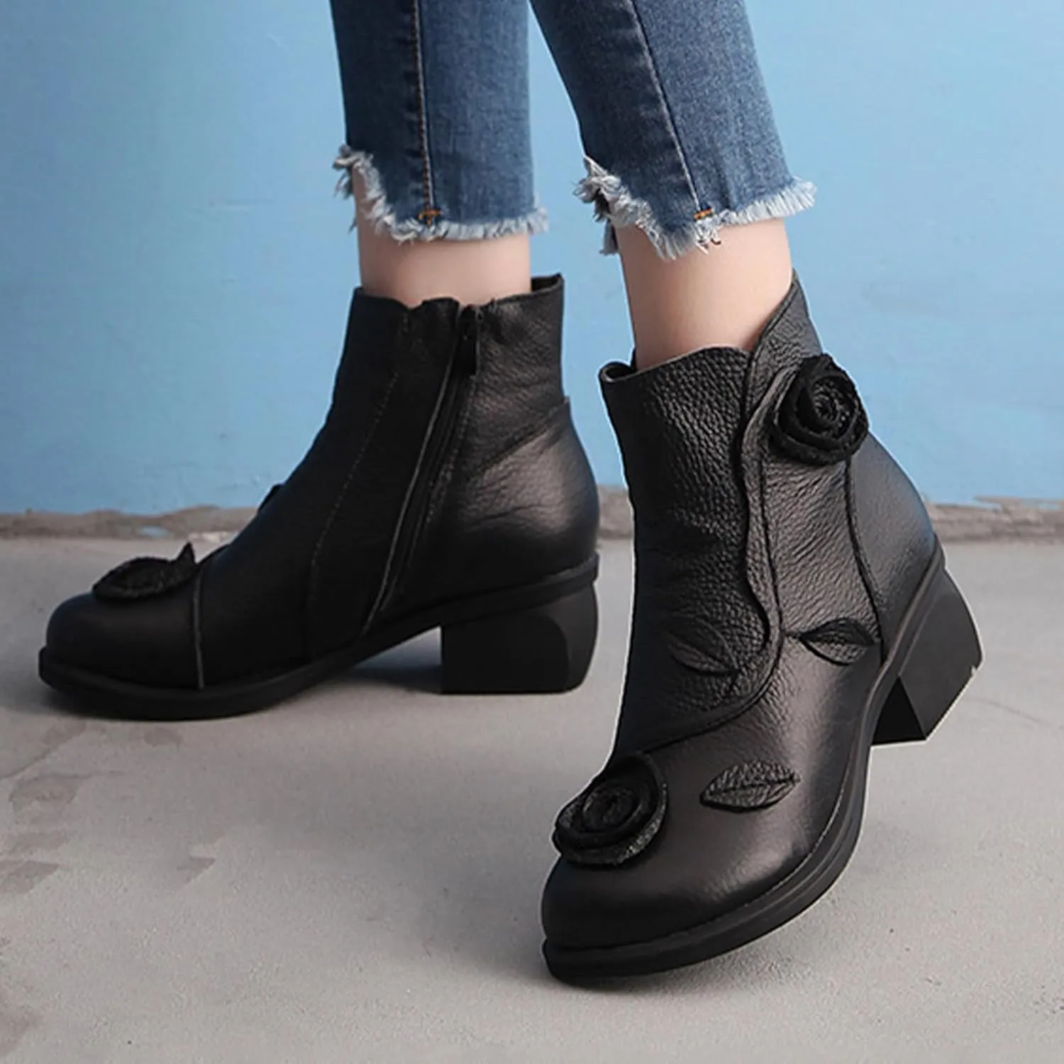 MOYOWEI Women's Handmade Sunflower Dress Leather Booties,Comfy Fall/Winter Non-slip Block Heels Zip Casual Short Ankle Boots