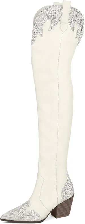 MUCCCUTE Cowboy Boots for Women Black Thigh High Boots - Fashion Cowgirl Over The Knee Boots with Rhinestone - Pointed Toe Chunky Heels Side Zipper Fall Tall Boots for Ladies